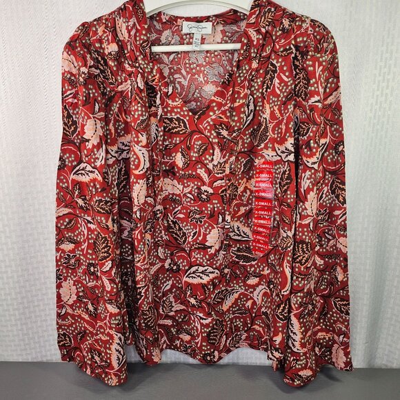 Jessica Simpson Floral Paisley Print Red & Green Blouse Long Sleeve XS Top Shirt - Picture 1 of 6